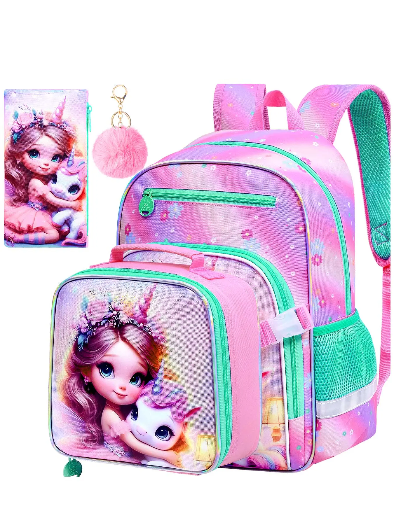 3PCS Unicorn Kids Backpack for Girls, 16" Kindergarten Elementary Lightweight Cute Stylish Daypacks School Bag, Girls Bookbags Set with Attachable Lunch Box and Pencil Case, School Backpacks