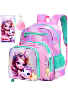 3PCS Unicorn Kids Backpack for Girls, 16" Kindergarten Elementary Lightweight School Bag, Girls Bookbags Set with Attachable Lunch Box and Pencil Case, School Backpacks