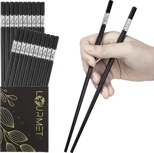10 Pair Fiberglass Chopsticks – 9.5 Inches Long Reusable Chopsticks Dishwasher Safe for Asian Food, Light Weight Japanese Chopsticks Strong Grip Sturdy Material – Black Silver Chopsticks Set