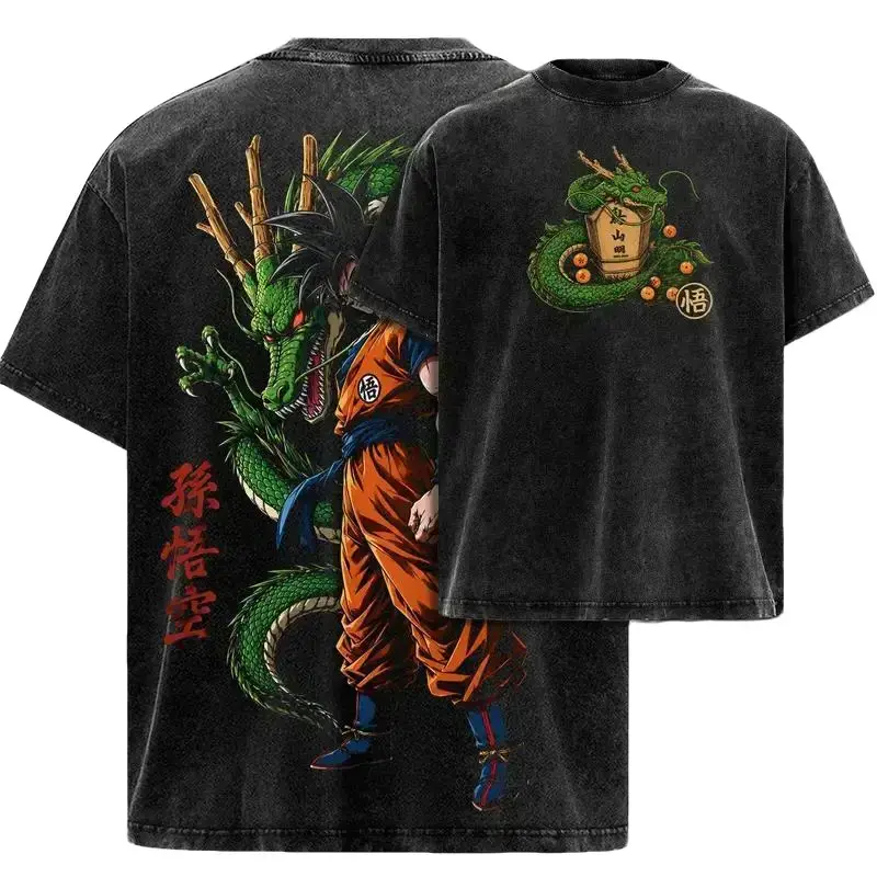 Shenron Vintage Washed Oversized Shirt Heavy Cotton Anime Manga Graphic Tee Double Sided Y2K Streetwear DBZ T-Shirt For Men Women Japanese Casual Summer Gym Top Best Birthday Gift For Anime Lovers Cosplay Fans Retro 90s Aesthetic Clothing Trending Tops!