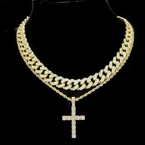Men’s Fashion Cross Pendant & Cuban Chain Necklace Set – Hip Hop Street Style Christmas Gift for HimSuitable for all venues