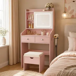Small Makeup Vanity Desk with Sliding Mirror, Dimmable LED Lights, 2 Drawers, Hidden Storage, USB Ports and Hair Dryer Holder