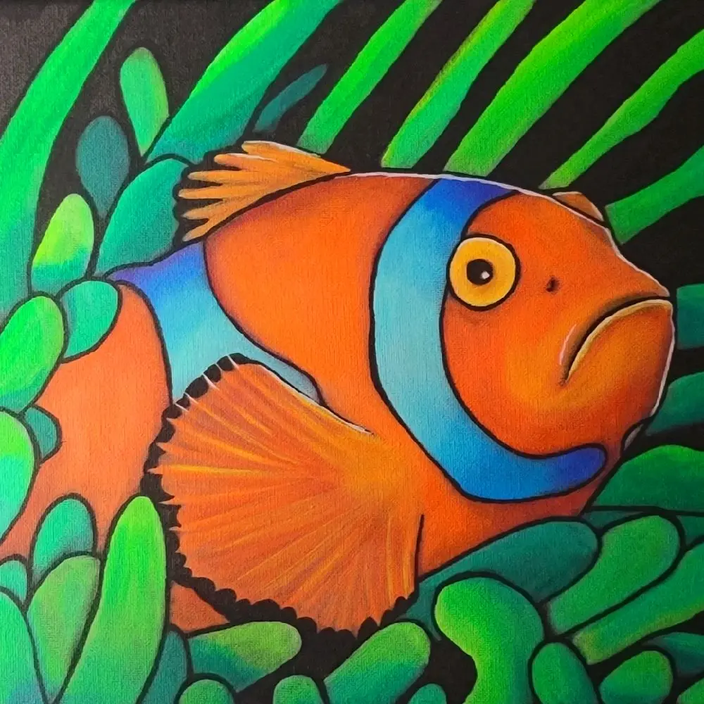 Neon Clownfish Nest 11x14 Blacklight Reactive Original Acrylic Painting on Canvas by Glow by Nikki