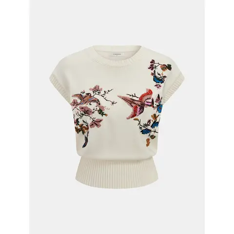COMMENSE Women's Layer-Ready Knit Vest - Casual Round Neck Top with Artful Embroidery of Floral Bird, Soft Accent, Cozy Touch for Daily Wear
