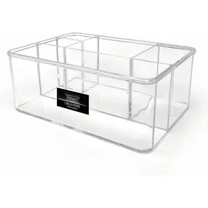 5-Compartment Clear  Organizer (10" L x 7" W x 4" H), Makeup Brush Holder, Tall Slot, Multi-Sectional Tray, Storage Solution for Makeup, School, Crafts, Office Supplies &