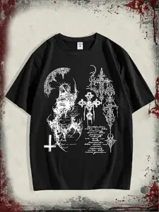 Gothic Dark Grunge Men's T-Shirt 180g Pure Cotton Breathable Graphic Tee Cross Skull Print Streetwear for Teen Boys Men S-5XL