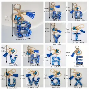 Women's Royal Blue Butterfly Fringe Letter Keychain, Glitter Mosaic Design, Lobster Clasp Key Ring for Keys, Bags, Backpacks