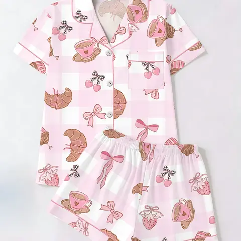 Spring Summer Women's Cardigan Lapel Short Sleeve Shorts Set, Western Style Printed Casual Home Wear, Loose Fit Comfortable Sleepwear Loungewear Pjs Pajama Set, Nightwear Loungewear Set