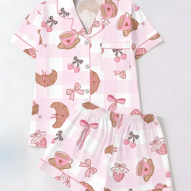 Spring Summer Women's Cardigan Lapel Short Sleeve Shorts Set, Western Style Printed Casual Home Wear, Loose Fit Comfortable Sleepwear Loungewear Pjs Pajama Set, Nightwear Loungewear Set