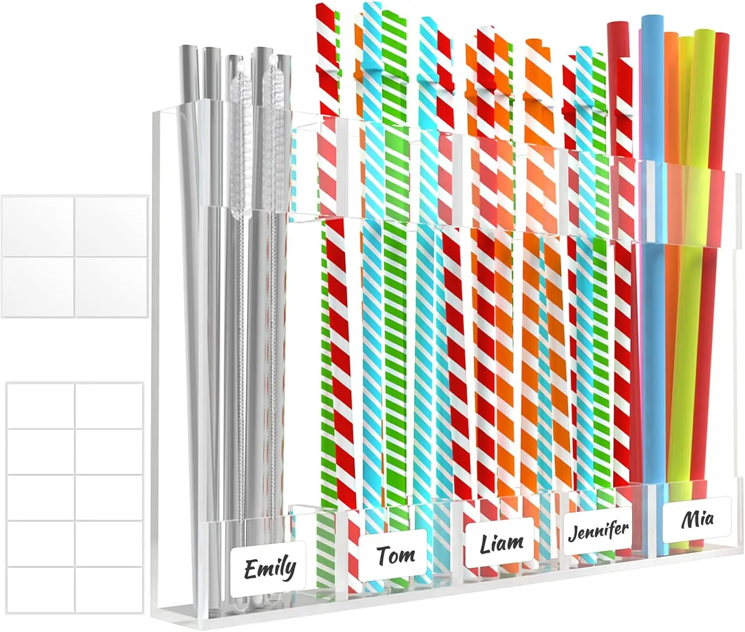 Multifunctional 2025 Transparent Acrylic Reusable Straw Organizer Holder - 9.8in Large Kitchen Organization Storage Rack for Counter, Cupboard Door, with Double-Sided Adhesive Squares, Stickers, Easy Installation