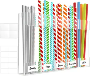 2025 Reusable Straws Organizer Storage Dispenser for Kitchen Counter Cupboard Door,9.8” Large Acrylic Straw Holder for Cabinet with Double Sided Adhesive Squares and Stickers, (Transparent)