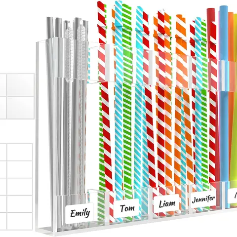 2025 Multifunctional Transparent Acrylic Reusable Straw Organizer Holder - 9.8in Large Kitchen Organization Cabinet Storage Rack, Smooth, 15lbs Max, Includes Kit with Double-Sided Adhesive Squares, Stickers for Easy Installation, Strong Adhesive Holds Up