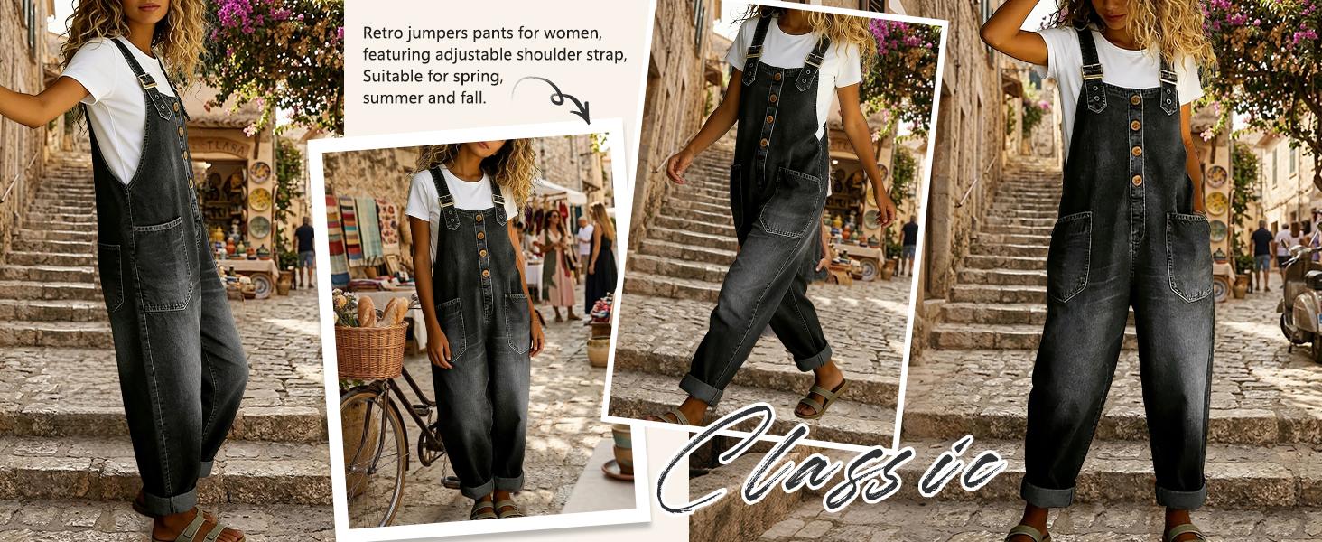 Chouyatou Vintage Loose Wide Leg Jean Bib Overalls Women’s Y2K Button Front Denim Overall Pants One-Piece Romper Jumpsuit
