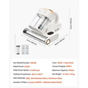 VEVOR Mattress Vacuum Cleaner, 550W Bed Vacuum Cleaner with 18Kpa Powerful Suction and Dual Dust Bin, HEPA Filter Heating, Ultrasound Tech Cleaning Lights, Handheld for Bed, Sofa, Corded, White