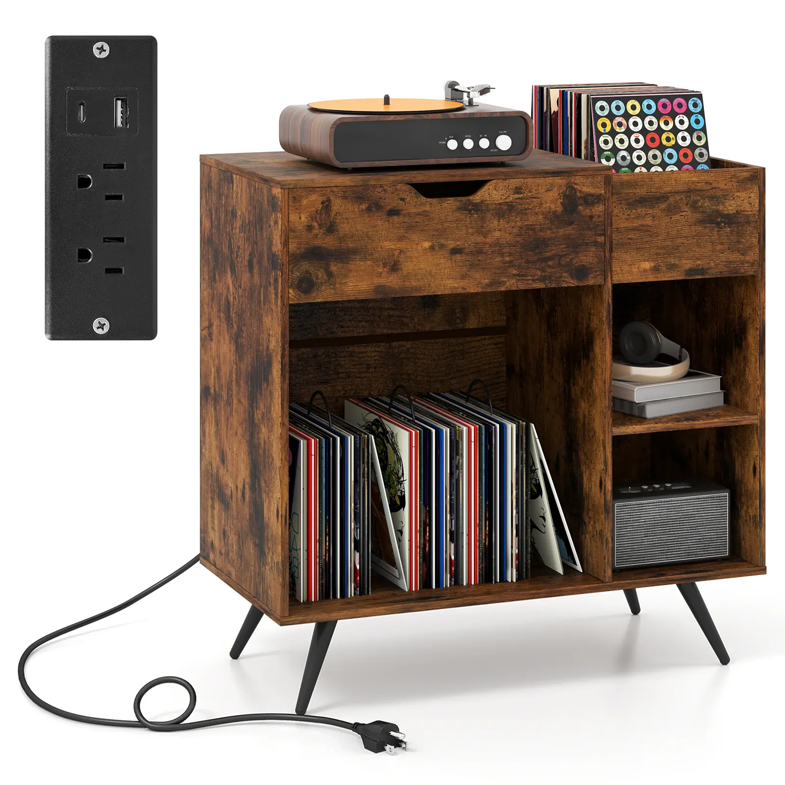 COSTWAY - Record Player Stand with Power Outlet-Rustic Brown COSTWAY - Record Player Stand with Power Outlet-Rustic Brown