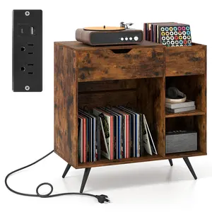 COSTWAY - Record Player Stand with Power Outlet-Rustic Brown