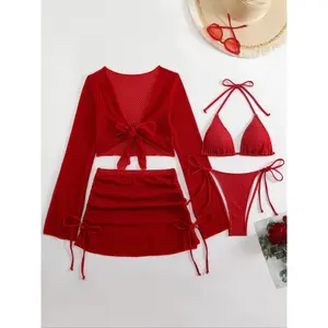 Women's four-piece swimsuit, solid color off-shoulder bikini, transparent mesh skirt, high-elastic fabric, beach bikini, swimwear style bikini