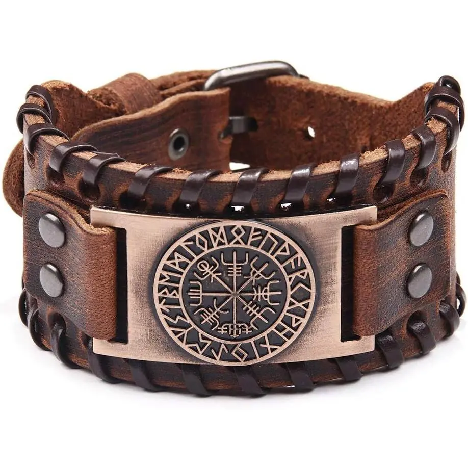 Viking Bracelet Punk Leather Cuff Bracelet Gothic Leather Wristband Bracelet with Nordic Amulet Scandinavian Talisman Celtic Pagan Jewelry