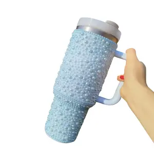 Blue Pearl Studded Tumbler – 40oz Reusable Water Bottle with Handle & Lid