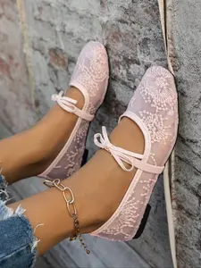 Women's Embroidered Mesh Rubber Ballet Flats, Elegant Square Toe Ballerina Shoes, Lightweight Breathable Comfort for Parties & Daily Wear Footwear