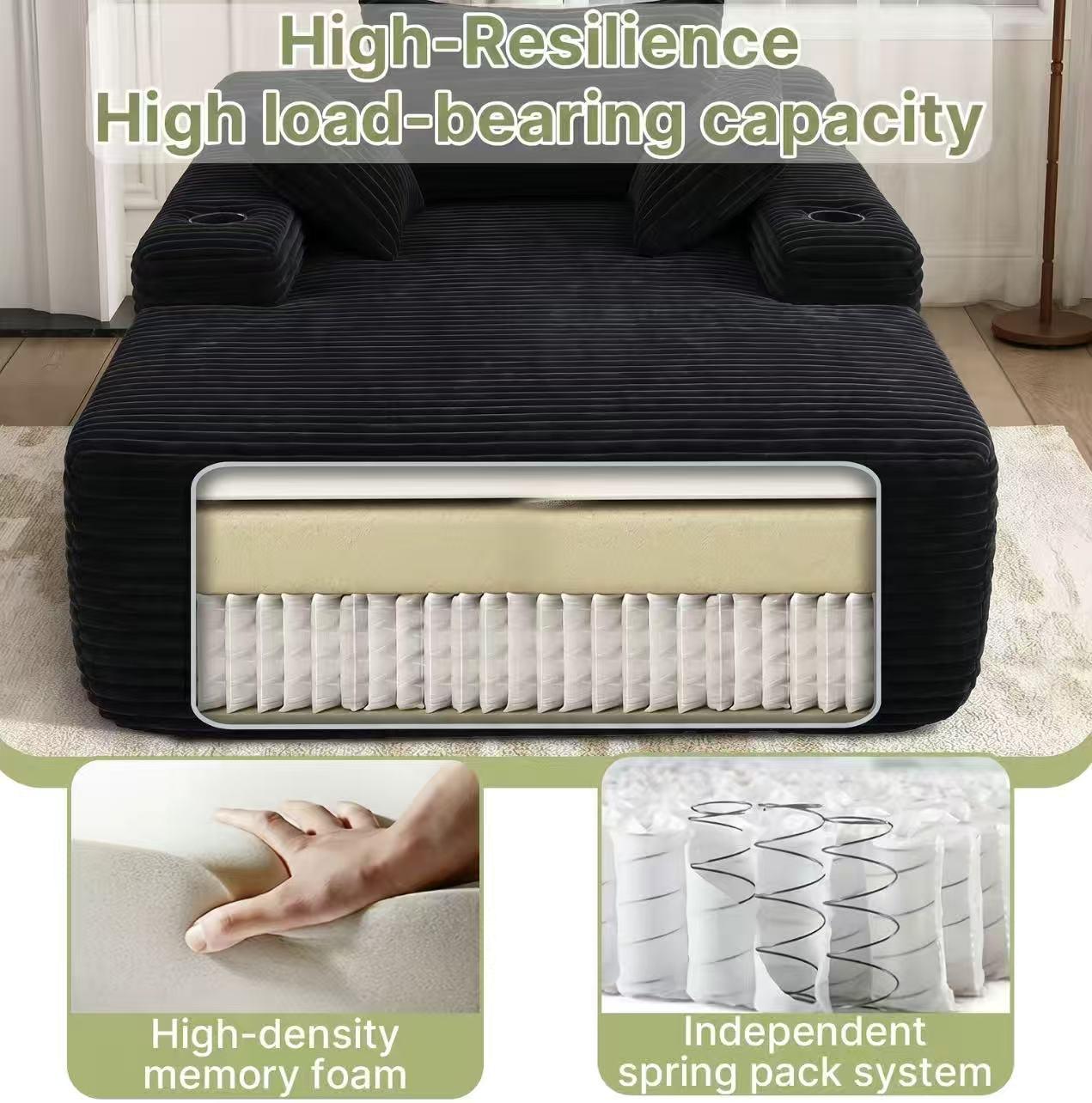 Beige Corduroy Fluffy Minimalist Oversized Boneless Cloud Modular Sectional Sofa - Fixed Arms, High-Density Foam, Built-in Storage, Cup Holder, Side Pockets, Tool-Free Setup, Included Pillows, Comfy Bean-Bag Feel, Apartment Use