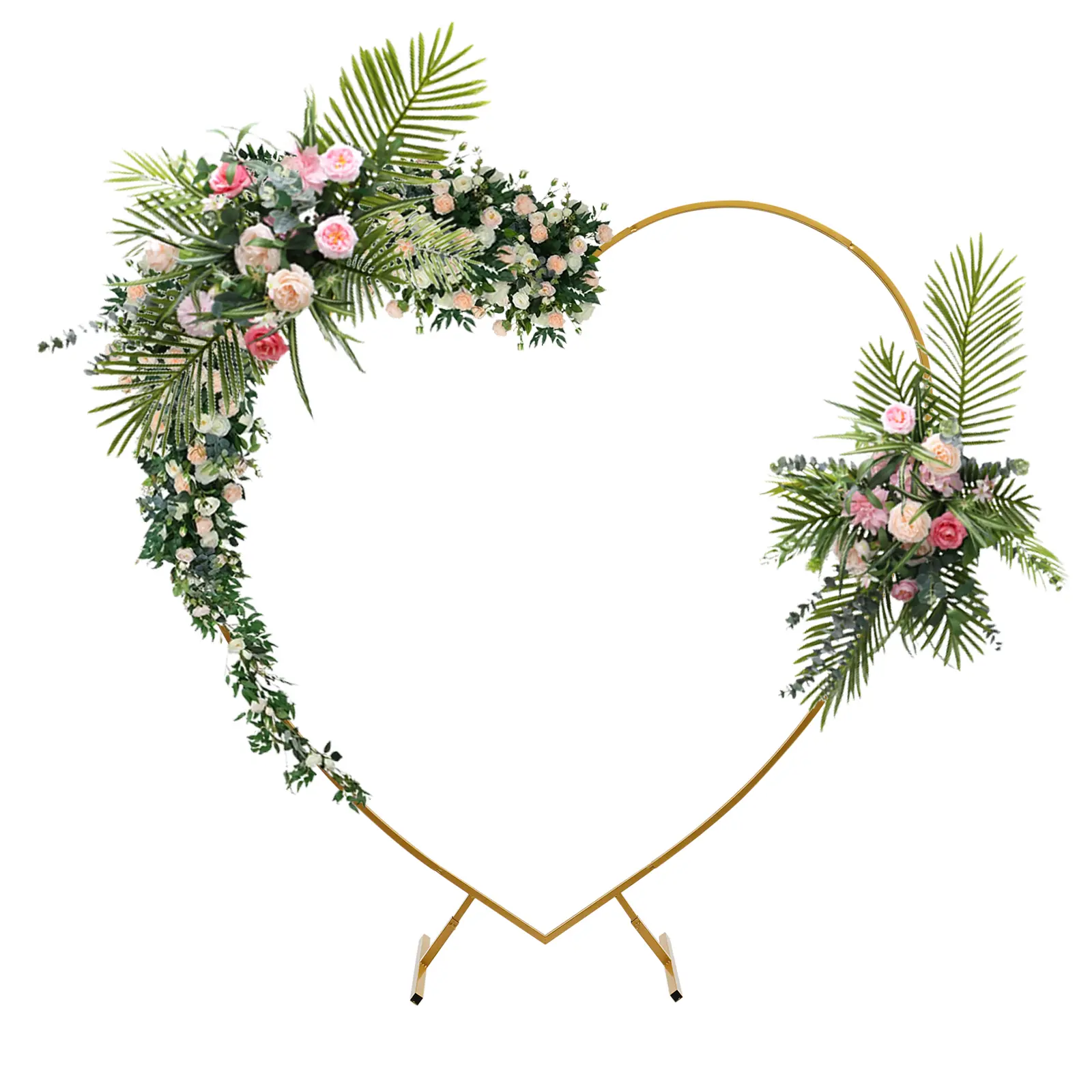 Elegant Customizable White Arch Backdrop with Stands - 2*2.1m/6.6*6.89ft Corrosion-Resistant Heavy-Duty Carbon Steel Frame, 22 lbs Load Capacity, White Gold Heart-Shaped Plant Support, Durable Party Decor Props for Wedding, Graduation, Easy Installation