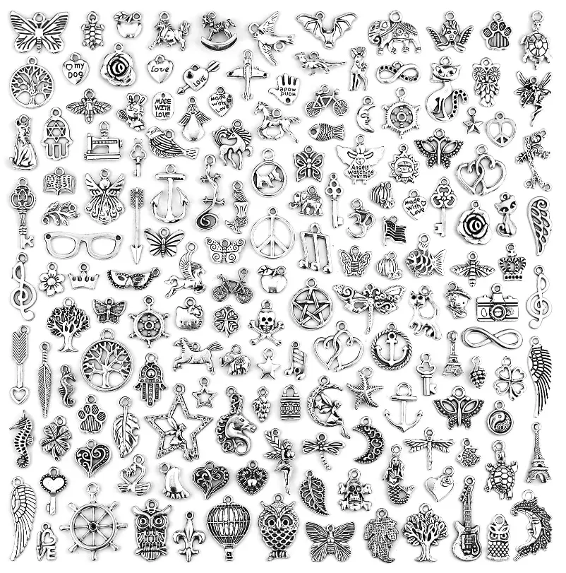 200 PCS Wholesale Bulk Lots Jewelry Making Charms Mixed Smooth Tibetan Silver Metal Charms Pendants DIY for Necklace Bracelet Jewelry Making and Crafting