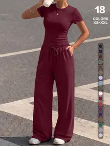 Round Neck Waist Cinched Short Sleeve Top + Wide Leg Pants Set, Wearable Home, Summer Sleepwear, Solid Color