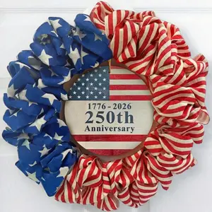 July 4th Front Door Wreath, 20 Inch Patriotic Outdoor Decoration, Blue Usa Flag, 250th Anniversary 1776-2026, Burlap Material