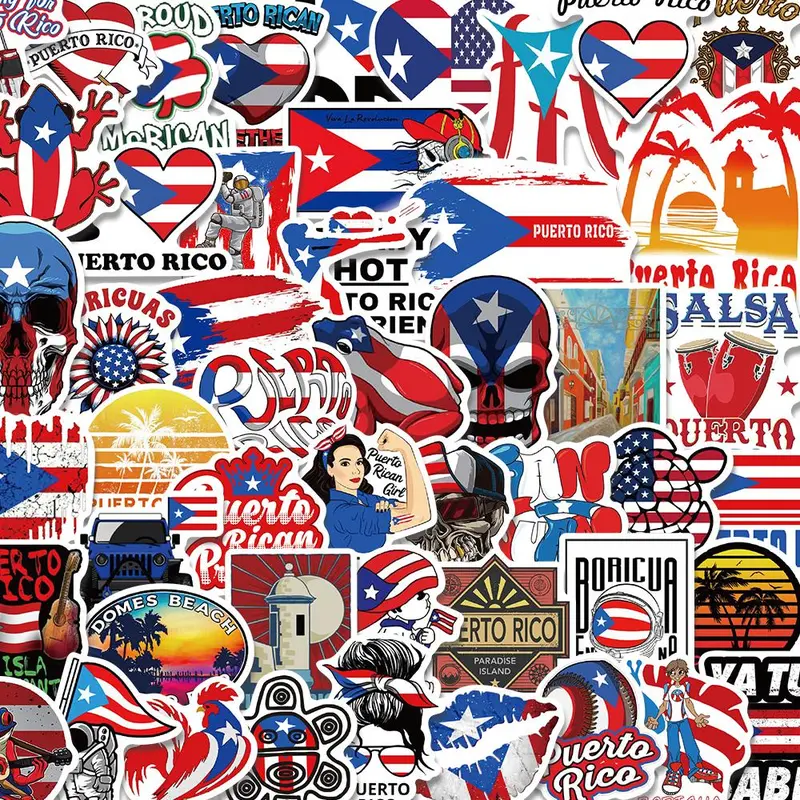 Puerto Rico Flag Pattern Sticker, 50pcs/set Waterproof Self Adhesive Decor Paper, Decor Sticker for Gift Greeting Card Water Bottle Laptop Phone, Cellphone Cases, Waterproof Stickers