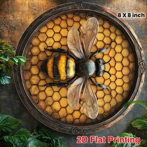 Vintage Bees And Beehive Round Aluminum Wall Art 8x8 Inch Rustic Kitchen Decor For Living Room Office Farmhouse Home Decoration
