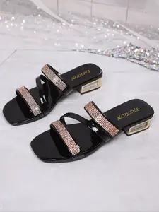 Elegant Rhinestone Glitter Embellished Sandals for Women, PU Leather & Rubber Sole, Casual Style, Less Than Ankle Height, Random Print Design, Footwear