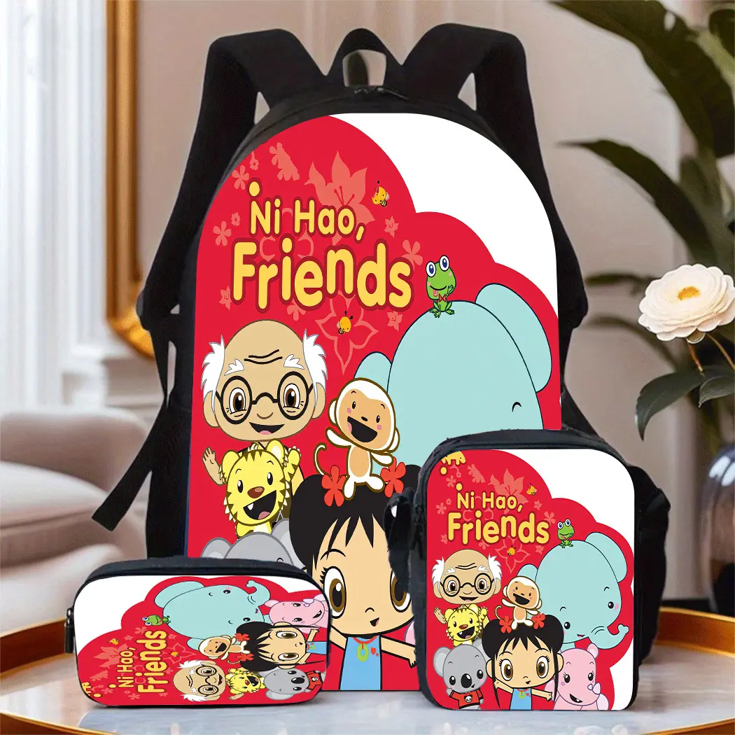 3Pcs "Ni Hao, Friends" Print Backpack Set Durable 600D Oxford Cloth School Bag Insulated Lunch Box & Pencil Case Combo Adjustable Breathable Strap Large Capacity Fits 15in Laptop for Kids Teens School Travel Outdoor Use