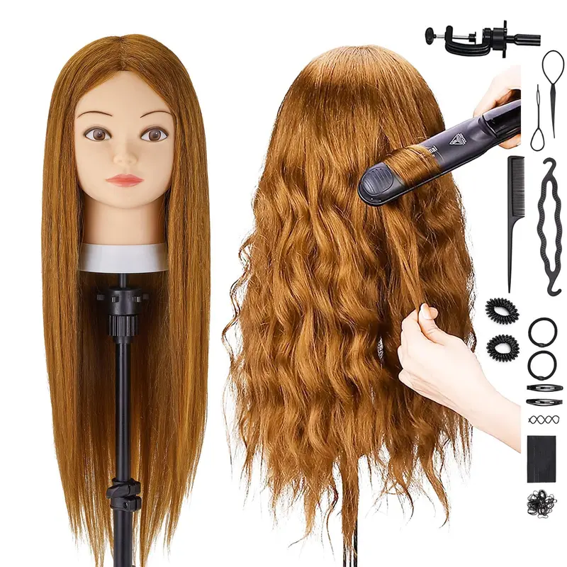 Mannequin Head with 80% Human Hair, 28'' Doll Head for Cosmetology & Hairdresser, Real Hair Cosmetology Makeup Hairdressing Training Head