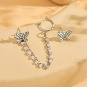 Simple and elegant faux chain tassel butterfly ear clip DDES0535 is suitable for girls' daily dates, parties, and as couple's earrings, 14K Gold-Plated