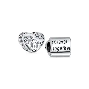 .925 Sterling Silver Family Infinity Heart & Words Forever Together Charm Bead for Bracelet (Set)