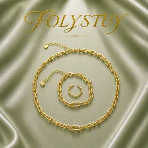 [FOLYSTUY (Y154)] Bold U-Link Chain Jewelry Set (Necklace, Bracelet & Ring) Sleek Statement Paperclip Chain Matching Jewelry Set