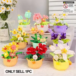 Moc Plant Flower Pot Building Blocks Set, Decorative Artificial Flowers, DIY Rose Flower, Sunflower Tulip Romantic Assembly Toys, Unisex Toy Gift for Ages 8-12