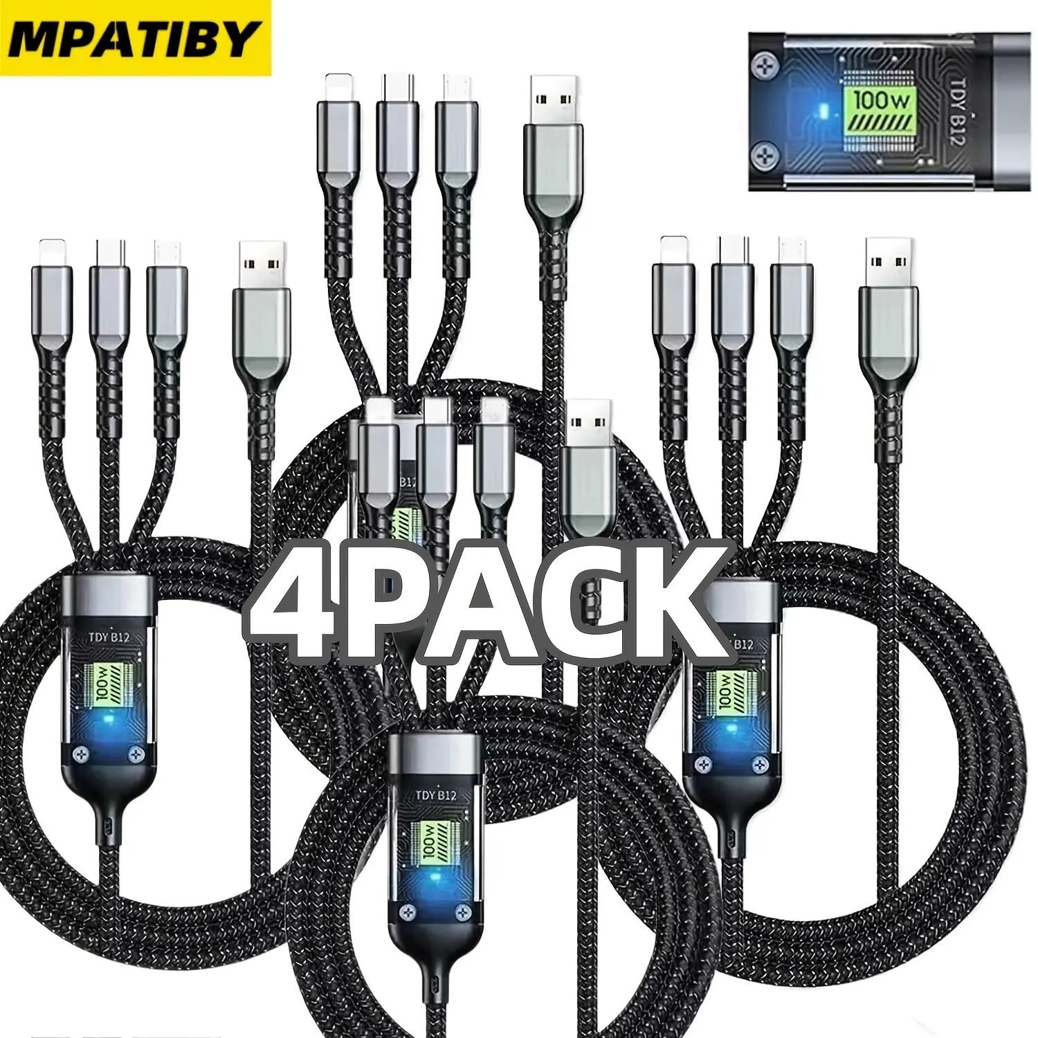 4pcs Nylon Braided 100W LED 3-in-1 Digital Display USB Charging Cable  for iPhone 17/16/15/15 Pro/15 Pro Max/15 Plus/14/13/12/iPad Pro/Air 5/MacBook for Samsung for Galaxy S25/S24/S23 Ultra for Huawei for Xiaomi for Honor for OPPO for Vivo