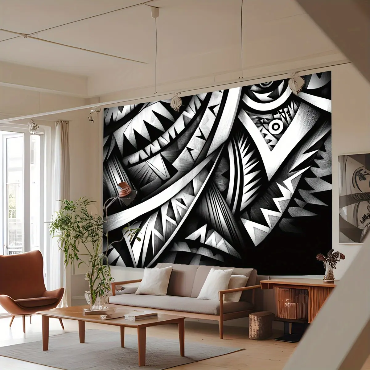 2D Flat 1pc Large Elegant Black & White Samoan Tribal Wall Tapestry Premium Wrinkle Fade Resistant 5 Size Options 40"x30" to 90"x60" for Tribal Art Decor Light Beige Background Cultural Heritage Design Living Room, Black And White Illustration Tapestries,