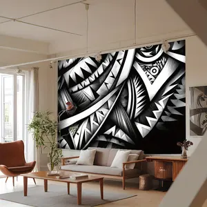 2D Flat 1pc Large Elegant Black & White Samoan Tribal Wall Tapestry Premium Wrinkle Fade Resistant 5 Size Options 40"x30" to 90"x60" for Tribal Art Decor Light Beige Background Cultural Heritage Design Living Room