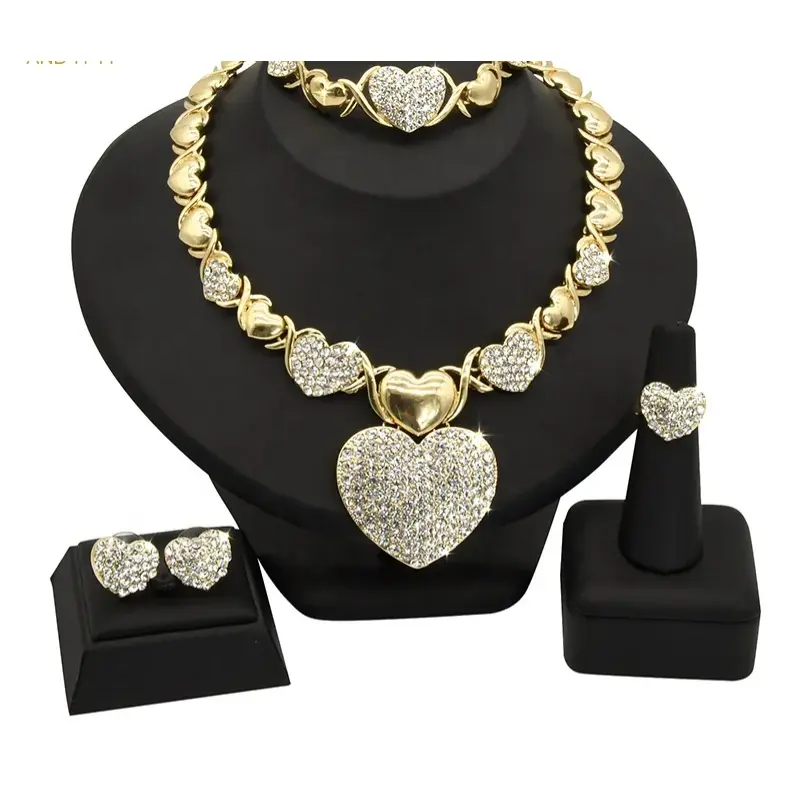 Women's HUGS & KISSES xo Big Heart Gold-Plated 3-in-1 Trendy Costume Jewelry Set #149, Colored Earrings, Gold Necklace for Women, Complete Accessories, Trendy Jewelry Set, Gold Necklace Women