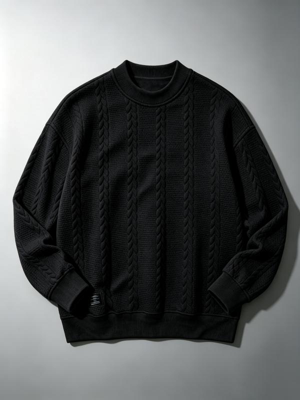 Men's Cable Knit Crew Neck Sweatshirt, Casual Long Sleeve Textured Pullover, Loose Fit Daily Wear Top For Autumn Winter
