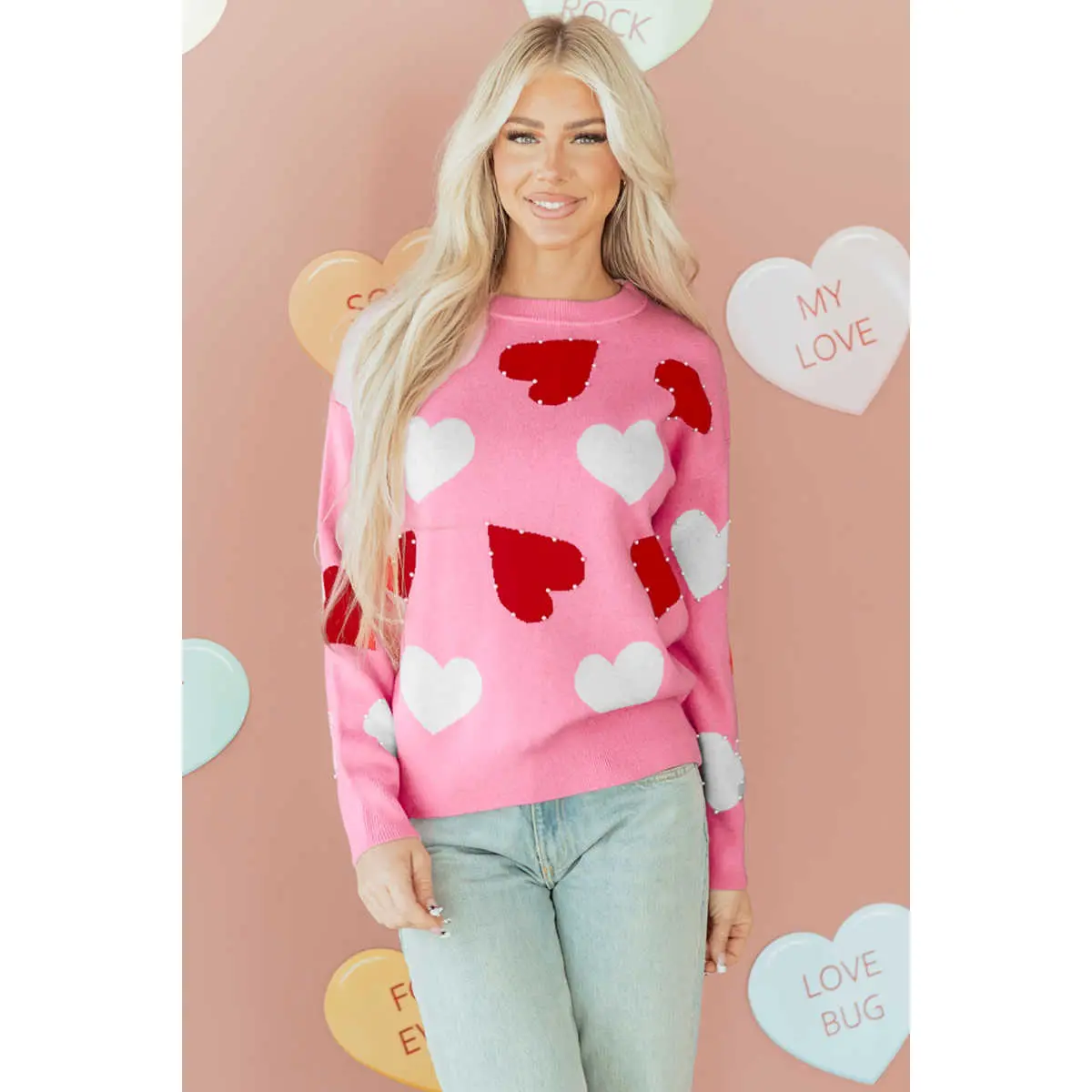 Pink Pearl Embellished Heart Pattern Valentines Day Sweater