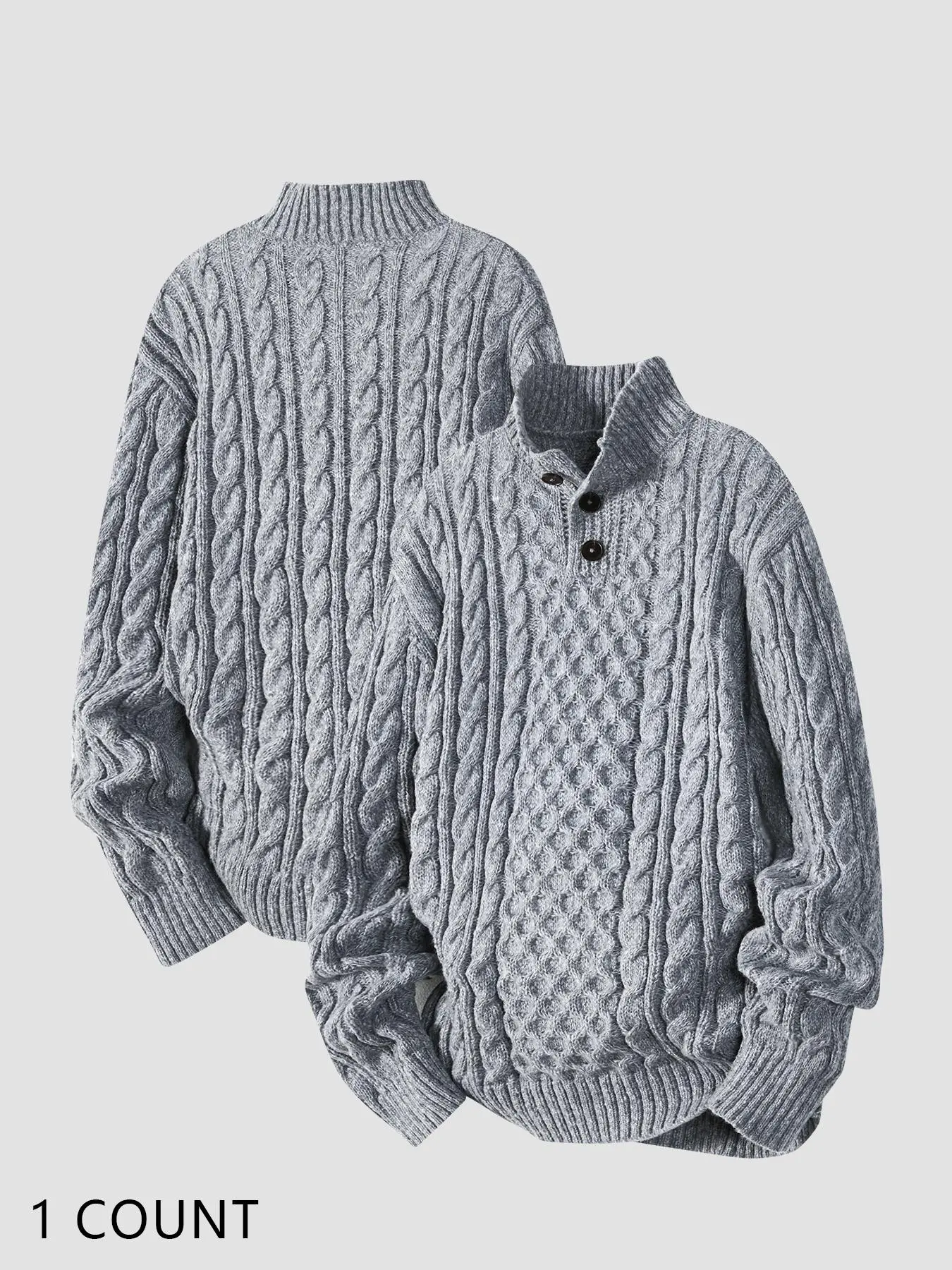 Men's Solid Cable Knit Pullover Sweater, Regular Fit Casual Long Sleeve Button Front Jumper for Fall & Winter, Men's Knitwear for Daily Wear