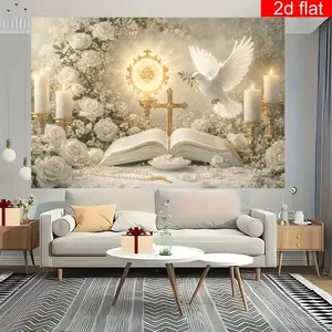 First Communion Background Cloth, Elegant Design with Rose, Cross, Bible, Dove, Ideal for Holy Eucharist, Baptism, Church Events
