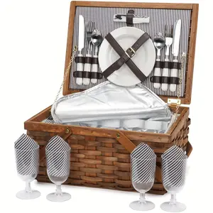 SUMMER MUST HAVE Woodchip Picnic Basket Set for 4 Persons with Insulated Cooler