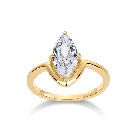 PAVOI 14K Gold Plated Marquise Cubic Zirconia Engagement Ring for Women - Trendy Solitaire Promise Jewelry - Fake Wedding Ring