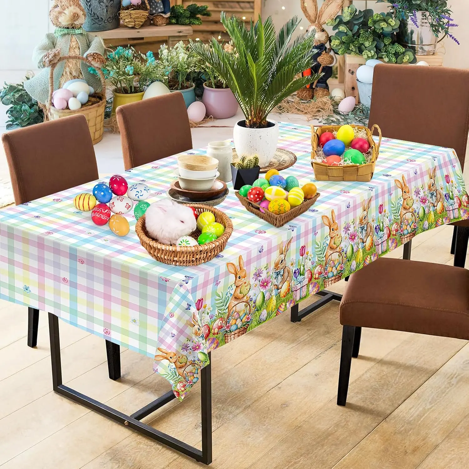 Easter Bunny Tablecloth - Easter Plastic Buffalo Plaid Tablecloth, Spring Flower Cute Rabbit Colorful Eggs Rectangle Table Cover for Table Decorations Party Decor Supplies Favors
