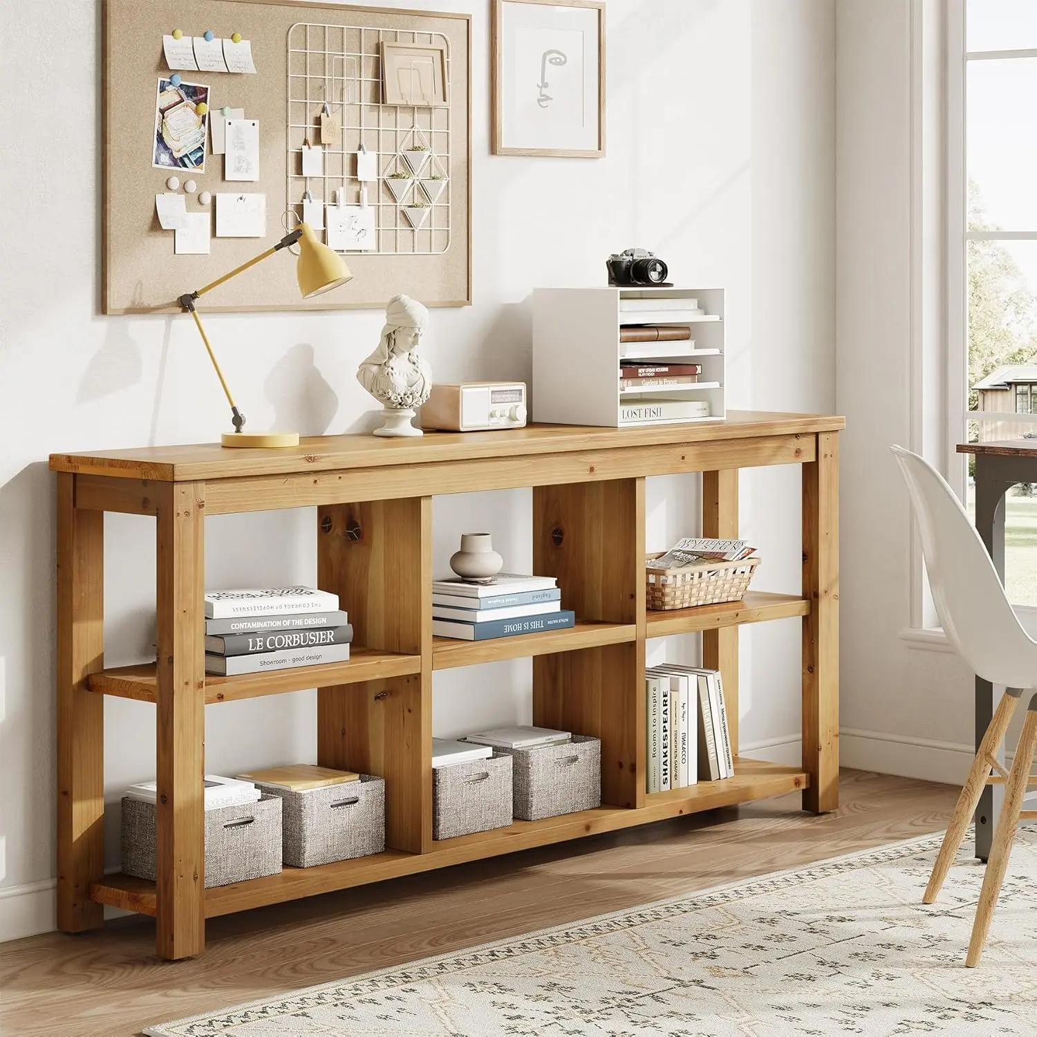 TRIBEWOOD 63 Inch Solid Wood Horizontal Bookcase, 6 Cubes Low Farmhouse Bookshelf with Adjustable Shelves, Long Cubby Storage Organizer for Living Room & Home Office